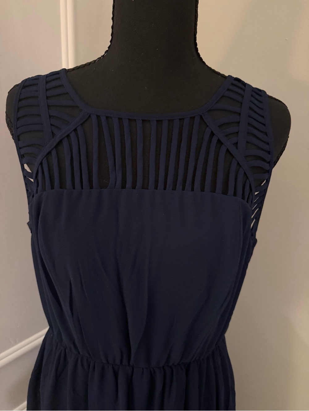 Sleeveless Navy Midi Dress with Strappy Yoke
